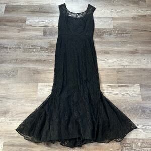 Vintage Black Lace Mermaid Gown with Tulle Underskirt 1950s Formal Dress